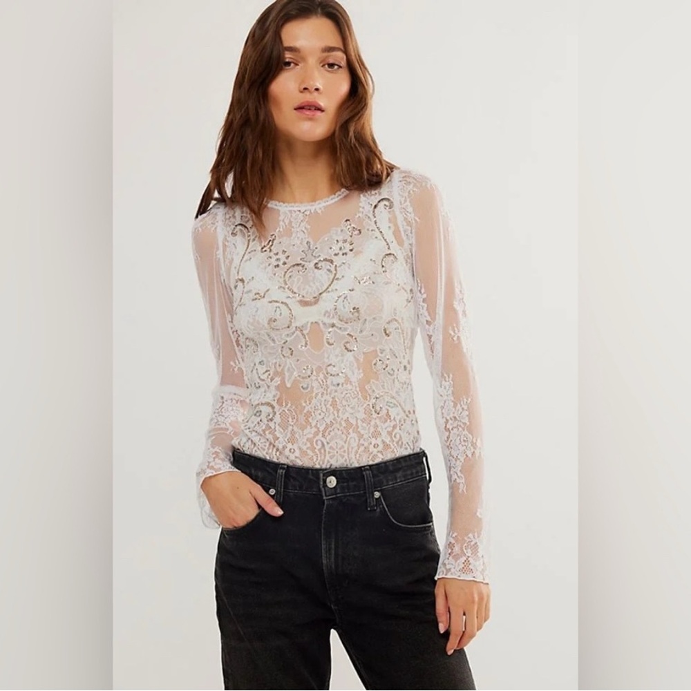 NEW Free People Intimately Ready To Party Ivory White Lace Sequin Bodysuit Sz M